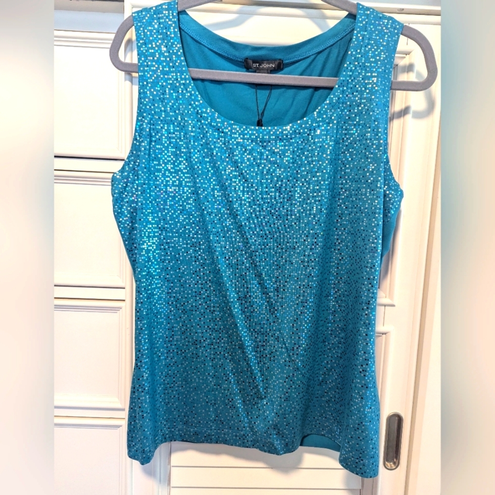 St. John Womens Teal Blue Shimmer Sleeveless Top Tank NWT Sz L